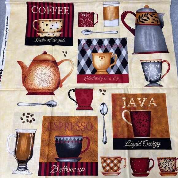Coffee-Themed Cotton Fabric Panel by Clothworks 22x46" - Picture 1 of 6